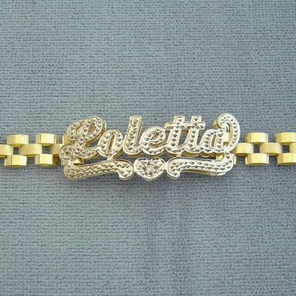 6mm Watch Band Chain Double Layer Two Tone with Heart Personalized Custom Gold Plated Name Bracelet-silviax