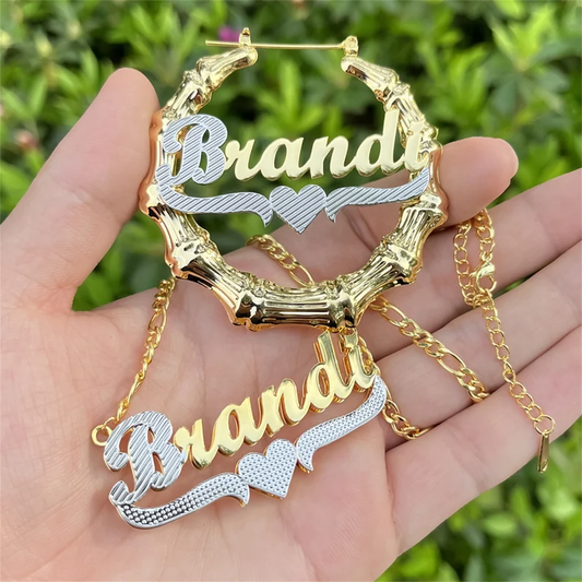 Two Tone Custom Double Layer 3D Heart Name Necklace and Bamboo Earrings Set-silviax