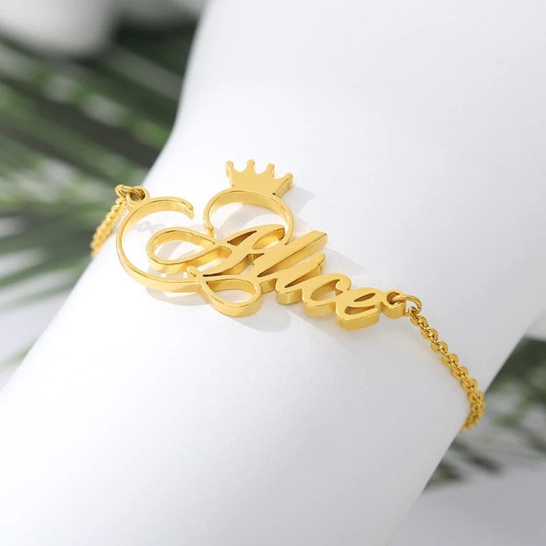 Crown Personalized Custom Gold Plated Name Anklet