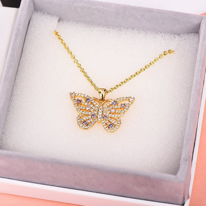 Hollow Butterfly Pendant Inlay Zircon Gold Plated Necklace-silviax