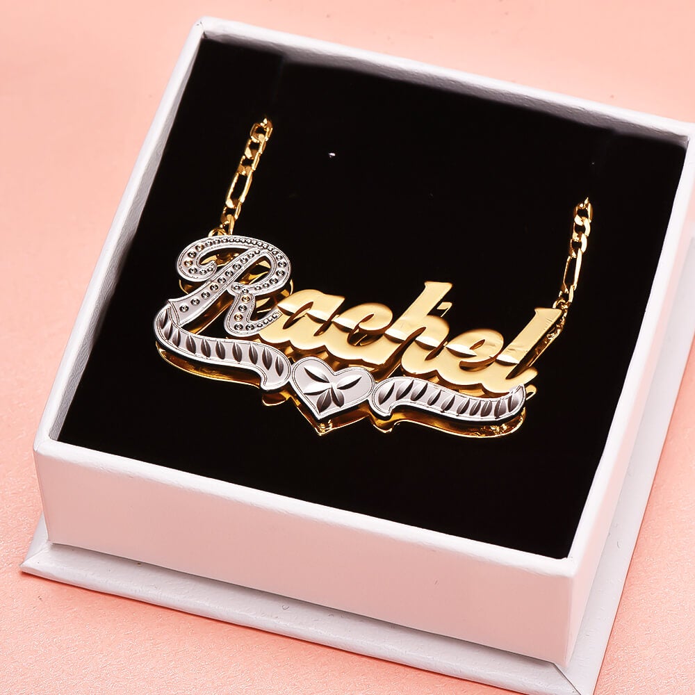 Double Layer Two Tone Heart Nameplate Personalized Custom Gold Plated Name Necklace