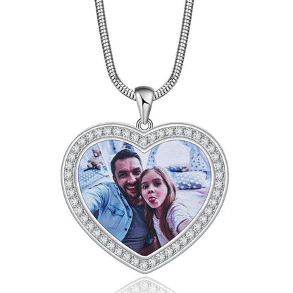 Inlaid Zircon Photo White Gold Heart Pendant Personalized Custom Photo Necklace-silviax