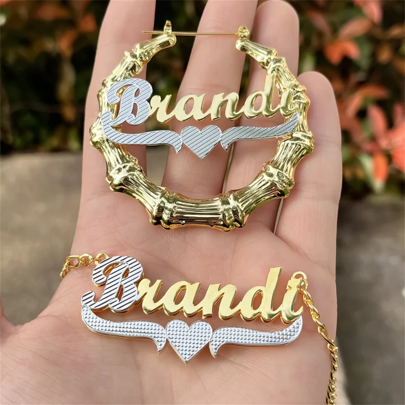 Two Tone Custom Double Layer 3D Heart Name Necklace and Bamboo Earrings Set-silviax