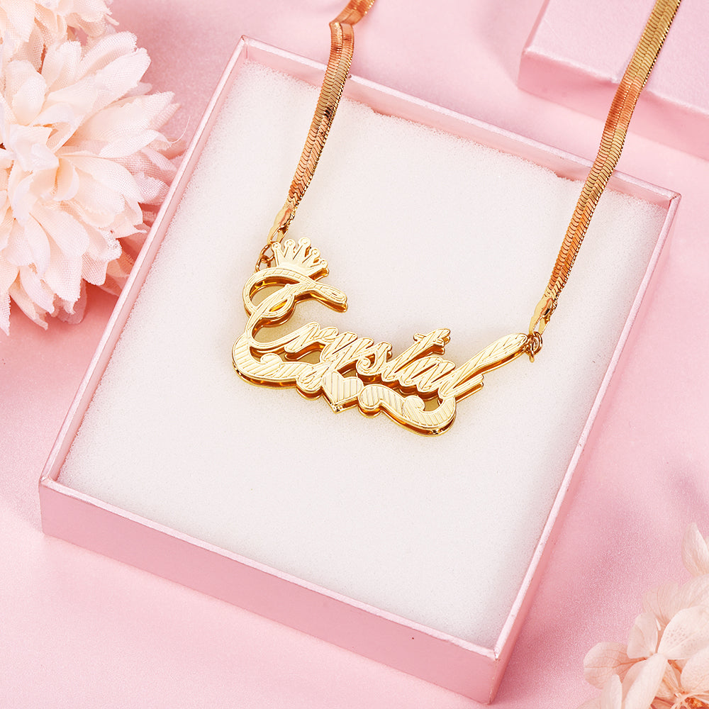 Double Layer Nameplate Crown Heart Personalized Custom Gold Plated Snake Chain 3D Name Necklace-silviax