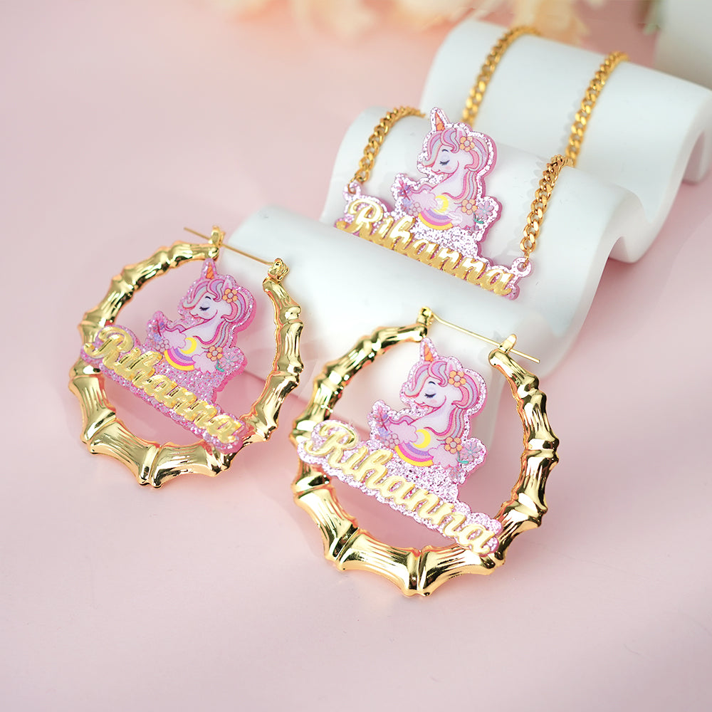 Pink Acrylic Unicorn Nameplate Jewelry Set Personalized Name Necklace and Bamboo Earrings-silviax