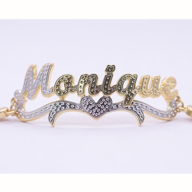 Two Tone Personalized Custom Nameplate Heart XOXO Chain Gold Plated Name Bracelet-silviax