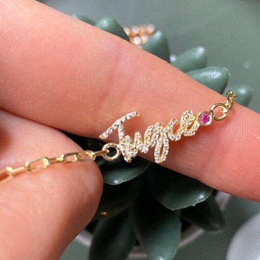 Inlaid Zircon with Birthstone Personalized Custom Gold Plated Name Bracelet-silviax