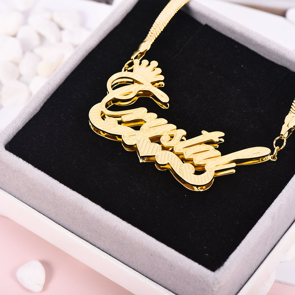 Double Layer Nameplate Crown Heart Personalized Custom Gold Plated Snake Chain 3D Name Necklace-silviax