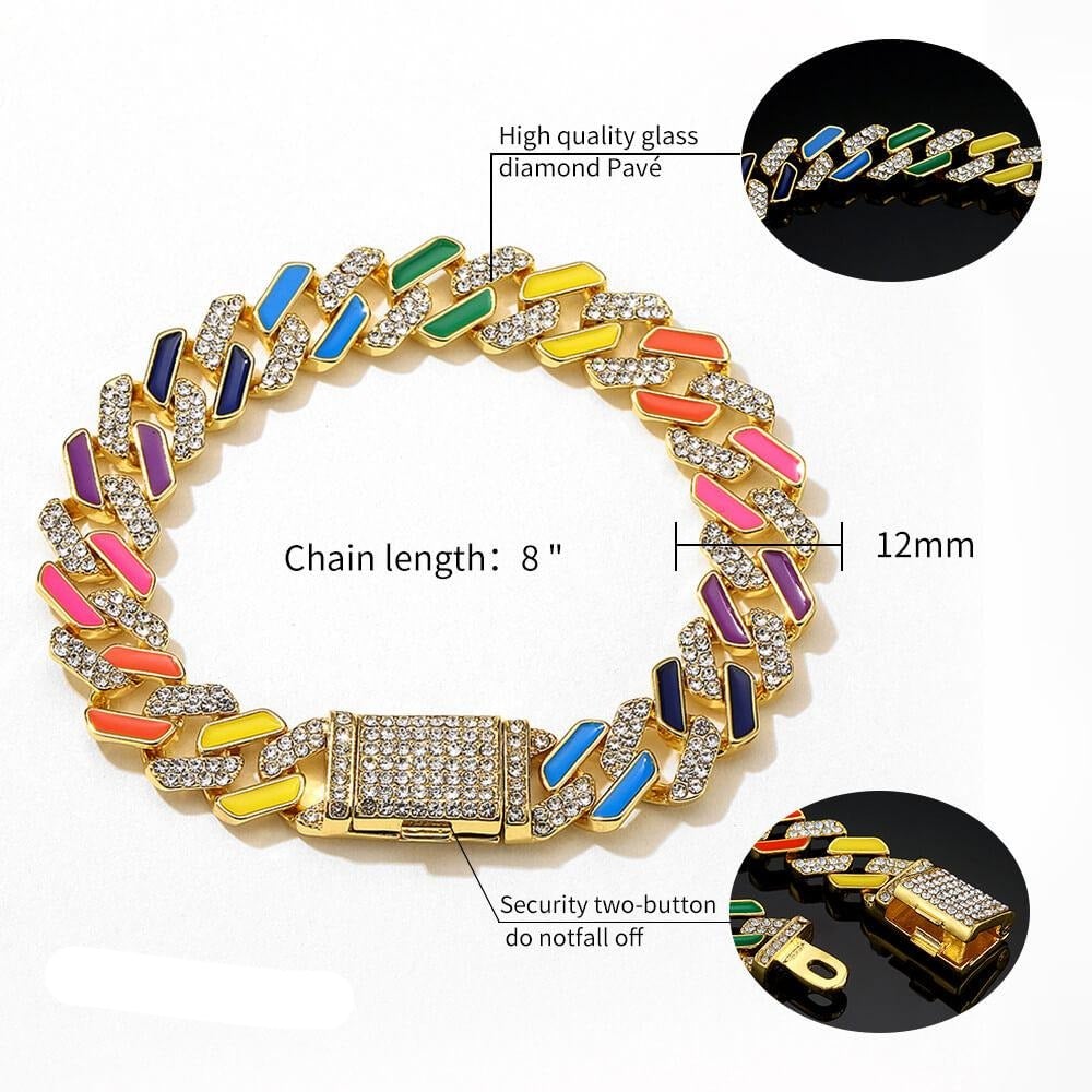 12mm Colorful Cuban Link Chain Gold Plated Necklace and Bracelet Set