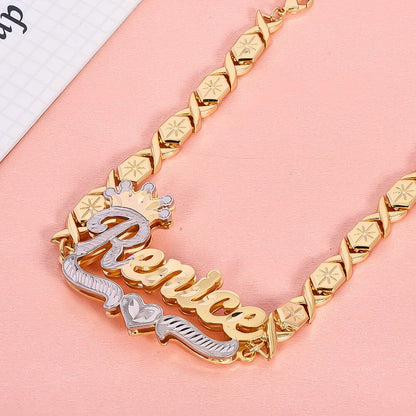 Double Layer Two Tone Crown Nameplate with XOXO Chain Personalized Custom Gold Plated Name Bracelet-silviax