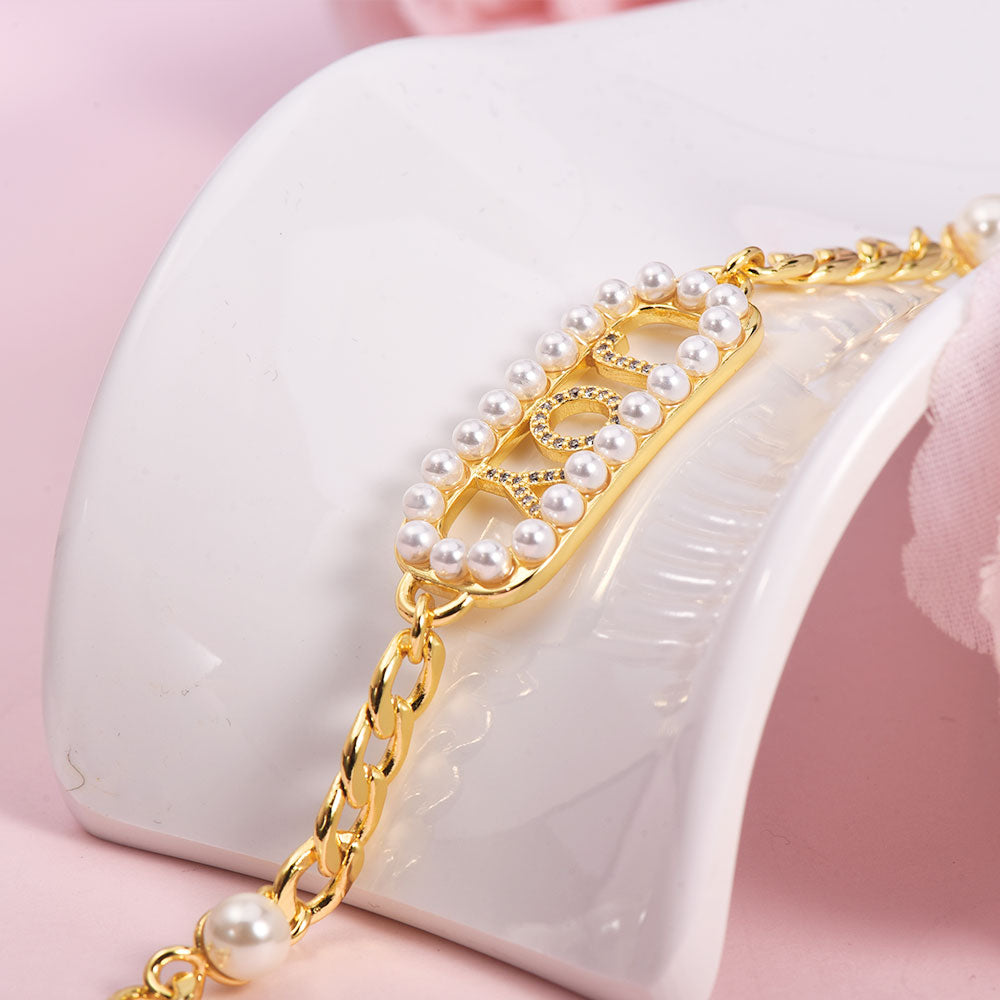 Capital Letter Inlaid Zircon Pearl Chain Personalized Custom Gold Plated Name Bracelet-silviax