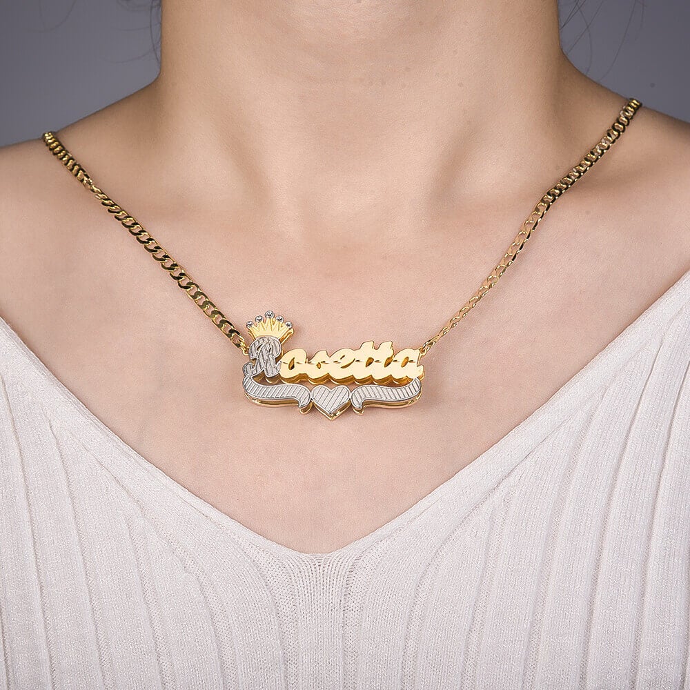 Double Layer Two Tone Nameplate Crown Heart Personalized Custom Gold Plated Name Necklace-silviax