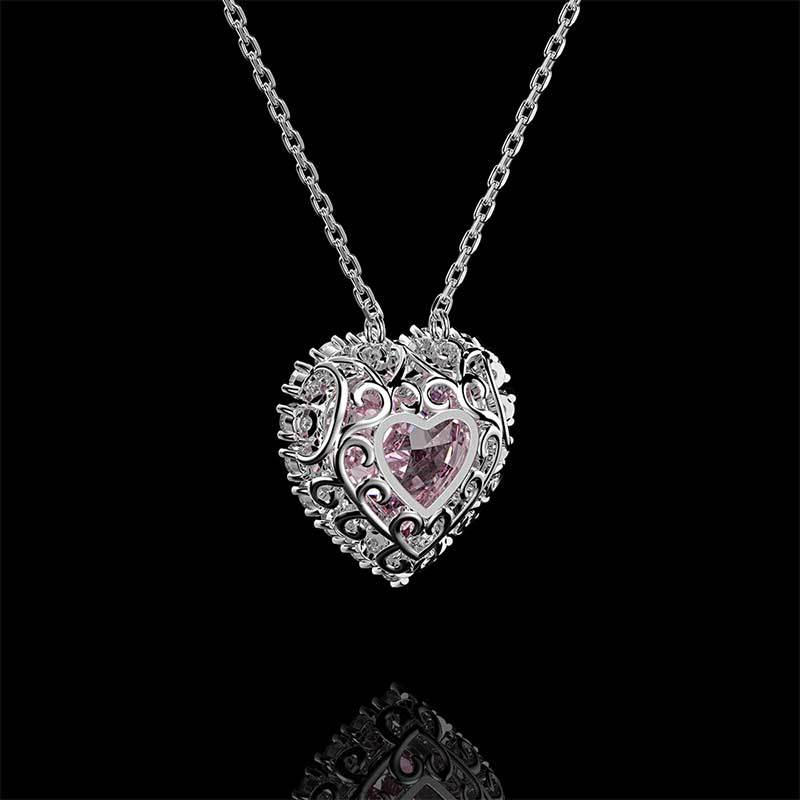 Halo Heart Cut Pink Sapphire Sterling Silver Necklace For Women