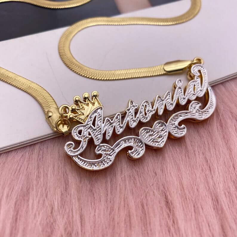 Double Layer Two Tone Crown Heart with Snake Chain Personalized Custom Gold Plated Name Necklace-silviax