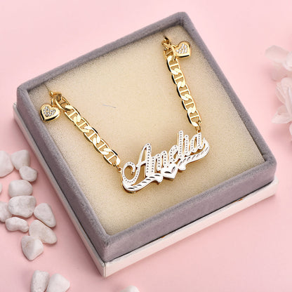 Mariner Chain with Heart Personalized Double Layer Heart Name Necklace-silviax