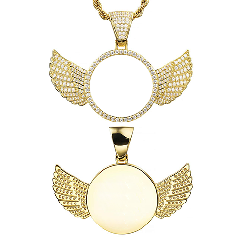 Angel Wing Round Pendant Hip Hop Lettering Custom Photo Necklace Gold Plated-silviax