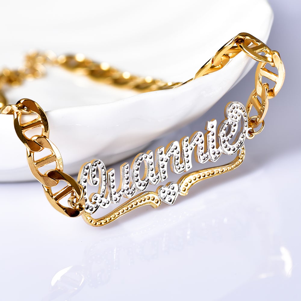 Two Tone Heart Personalized Custom Name Bracelet Bamboo Earring Set-silviax