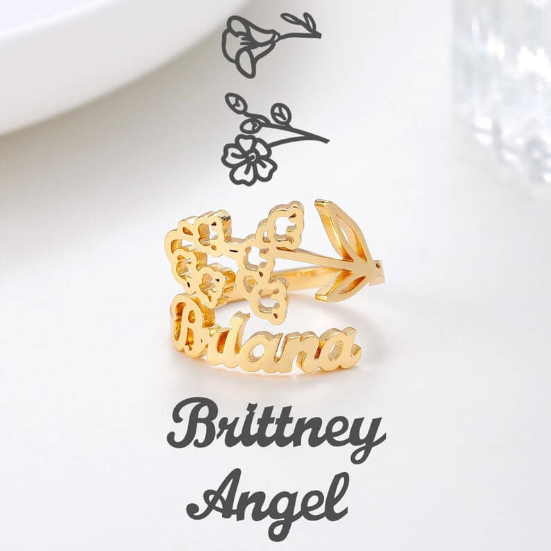 Birth Flower Personalized Custom Gold Plated Name Ring-silviax