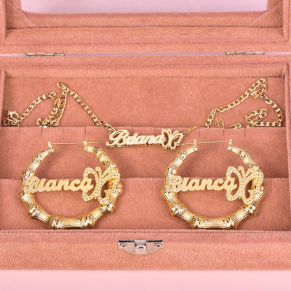 Butterfly Personalized Custom Gold Plated Double Layer Name Necklace and Bamboo Hoop Name Earrings Set