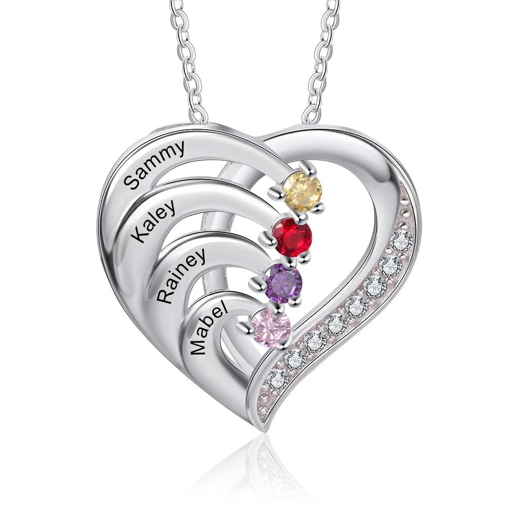 2-4 Name Birthstones Heart Pendant Personalized Custom Family Necklace Mother Gift-silviax