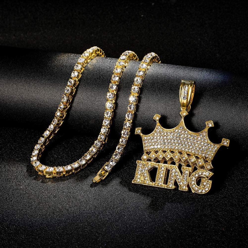 King Crown Pendant Neckalce Hip Hop Style Gold Plated Tennis Chain