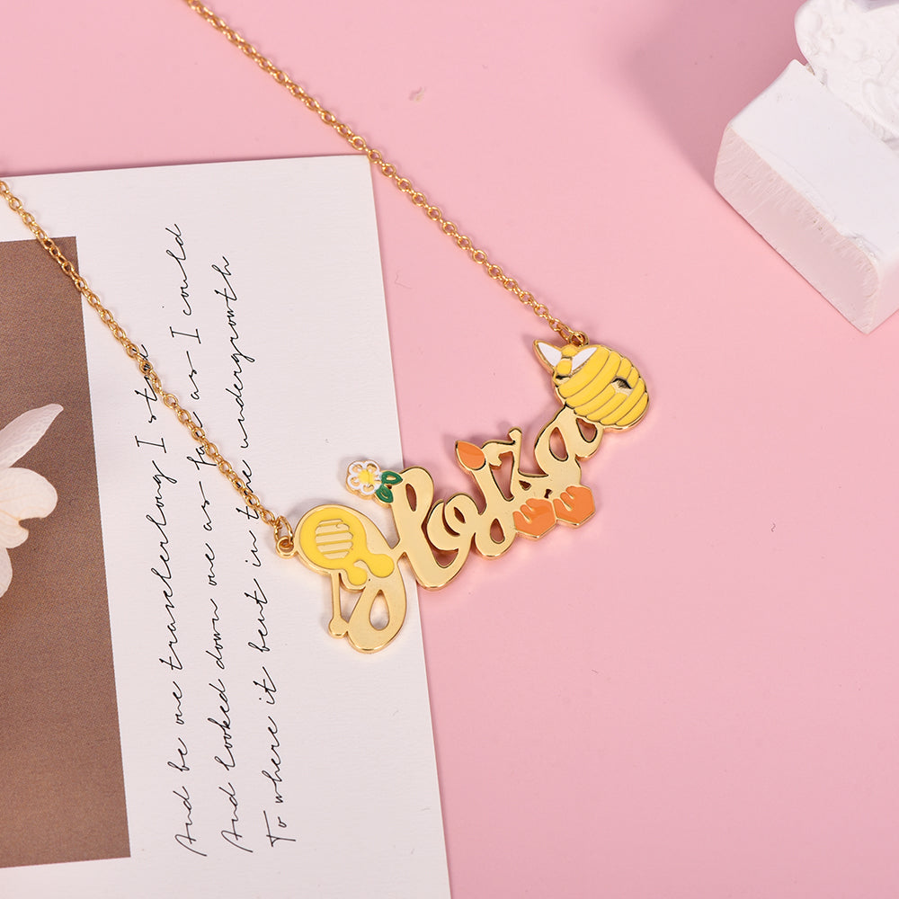 Bee and Jar Pendant Personalized Custom Gold Plated Name Necklace with Flower-silviax