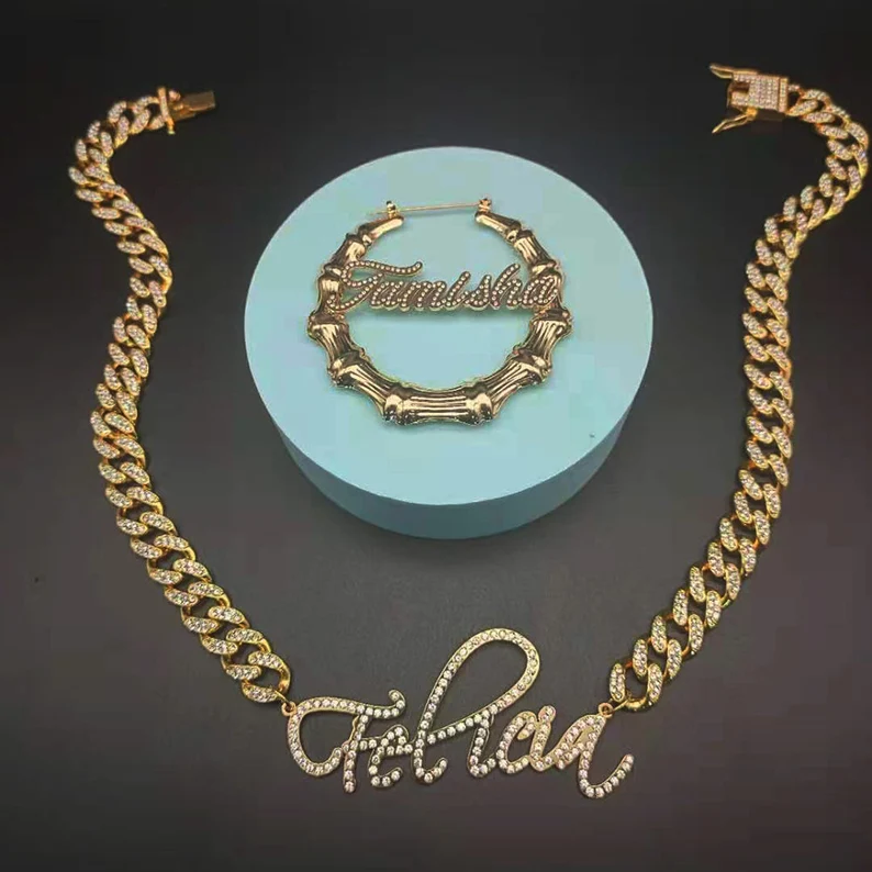 Iced Out Personalized Name Jewelry Set Cuban Chain Zircon Nameplate Necklace and Bamboo Name Earrings-silviax