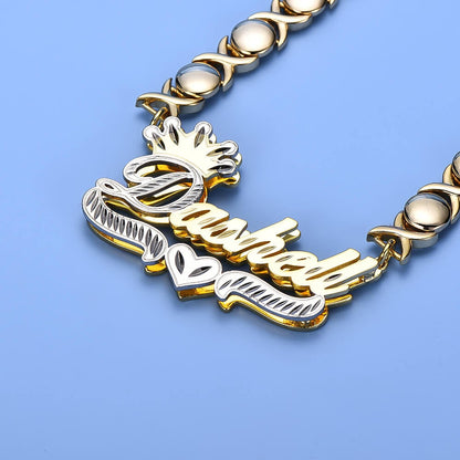 Double Layer Two Tone Nameplate with XOXO Chain and Crown Gold Plated Personalized Custom Name Necklace