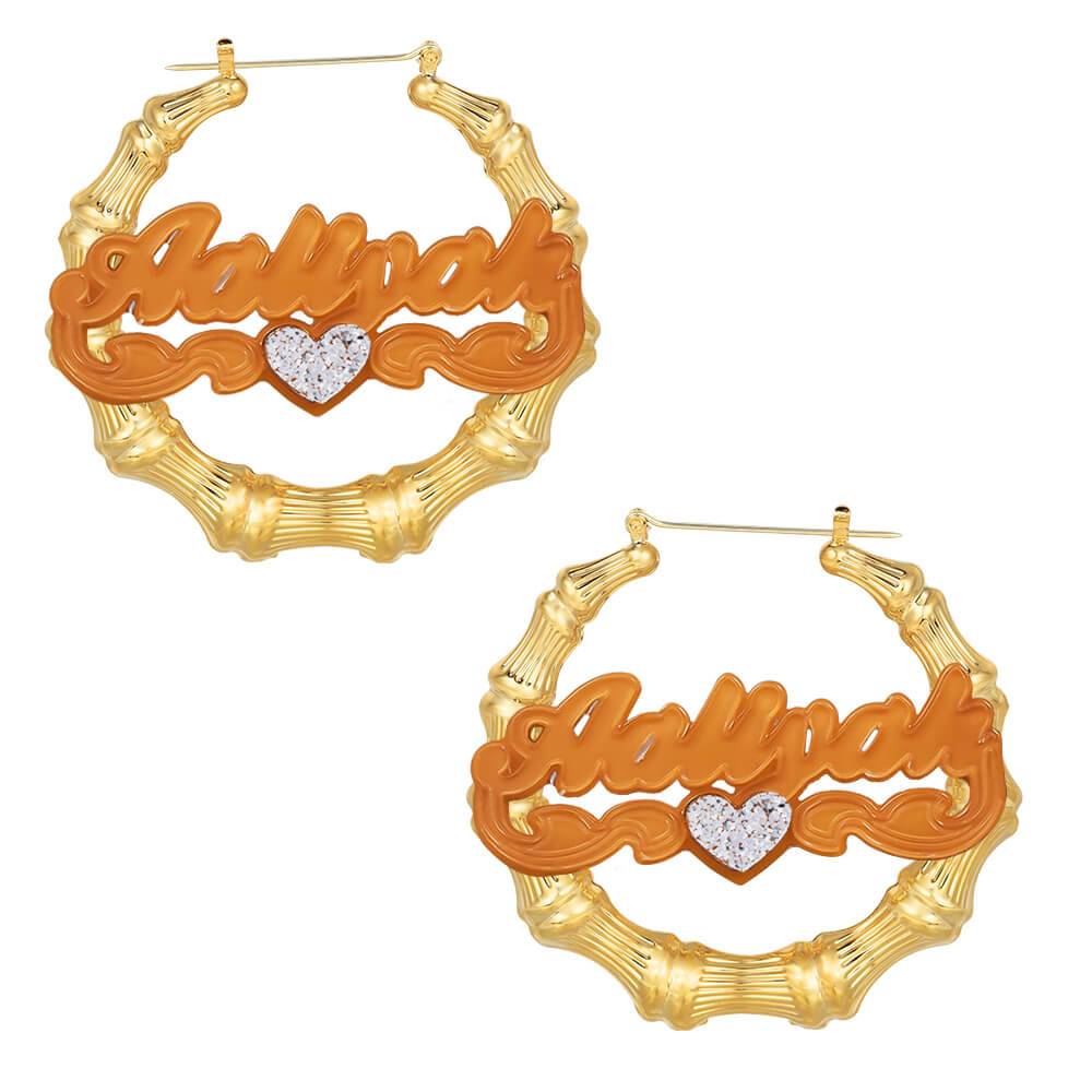 Double Layer Acrylic Love Heart Personalized Custom Bamboo Name Earrings