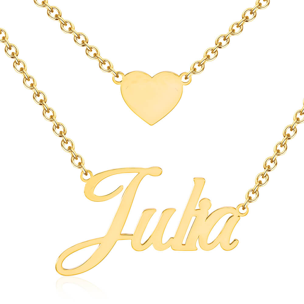 Double Chain With Heart Personalized Custom Gold Plated Name Necklace-silviax