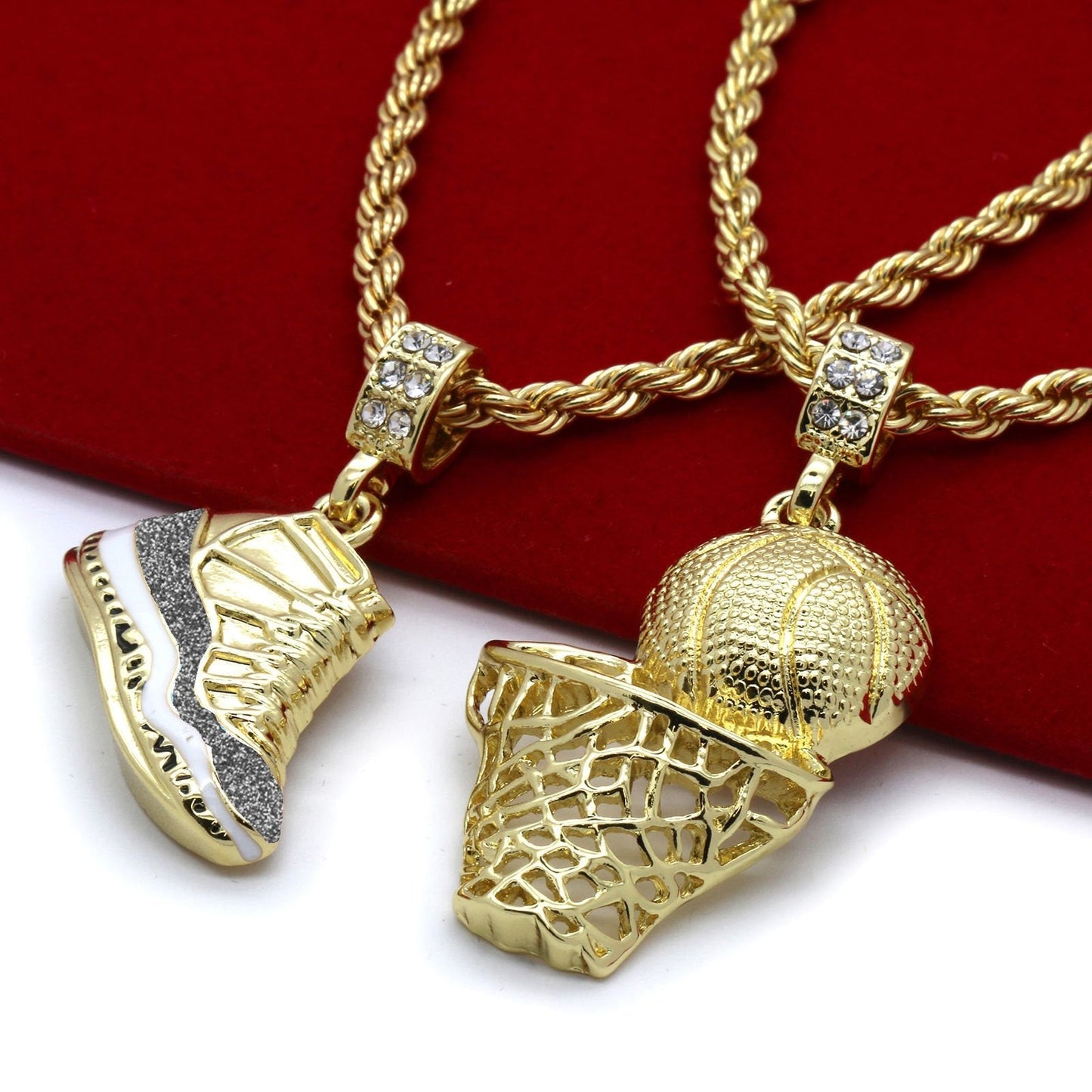 Hip Hop Retro Shoes Pendant &amp; Basketball Basketball Hoop Pendant Gold Plated Necklace