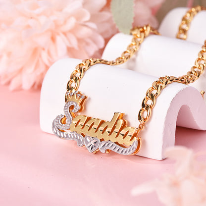 Double Layer Two Tone Crown Heart Cuban Chain With Heart Pendant Personalized Custom Gold Plated Name Necklace-silviax