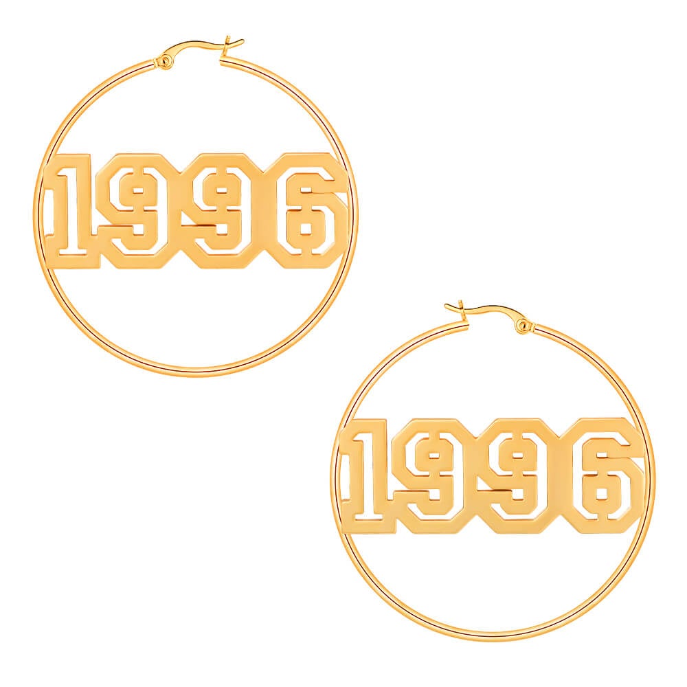 Hollow Number Year Nameplate Personalized Custom Gold Plated 60mm Hoop Earrings