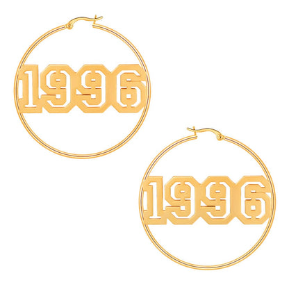 Hollow Number Year Nameplate Personalized Custom Gold Plated 60mm Hoop Earrings