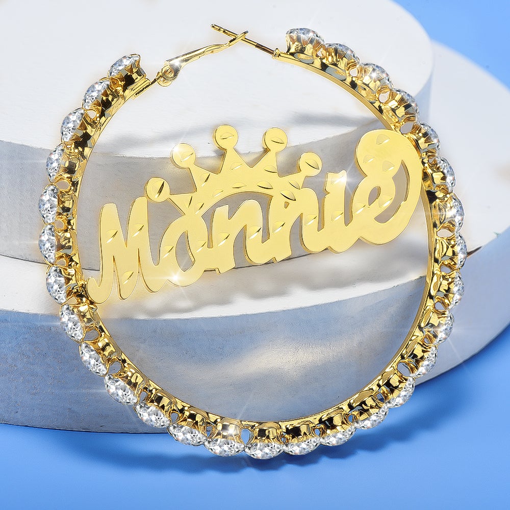 Gold Plated Personalized Hoop Name Earrings with Crown