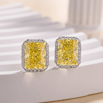 Stunning Halo Cushion Cut Yellow Sapphire Women's Stud Earring In Sterling Silver