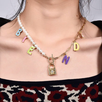 Color Enamel Capital Letter And Lock Pendant With Pearl Chain And Lattice Chain Personalized Custom Gold Plated Name Necklace