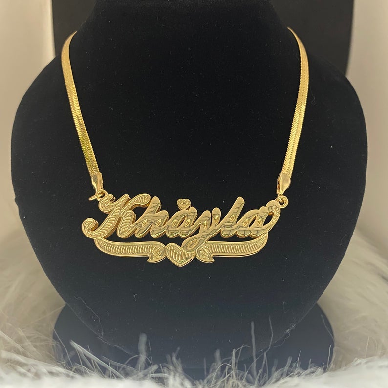 Double Layer Nameplate With Heart Pendant Personalized Custom Gold Plated Name Necklace Snake Chain