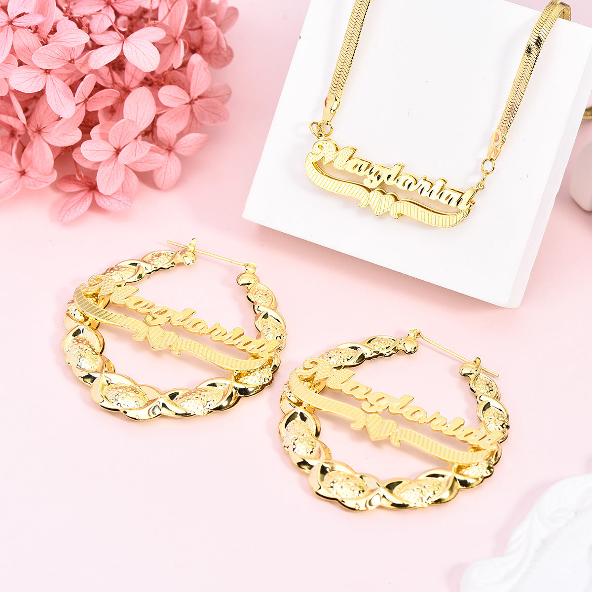 Snake Chain Double Layer Heart Name Necklace And XOXO Bamboo Earrings with Heart Jewelry Set-silviax