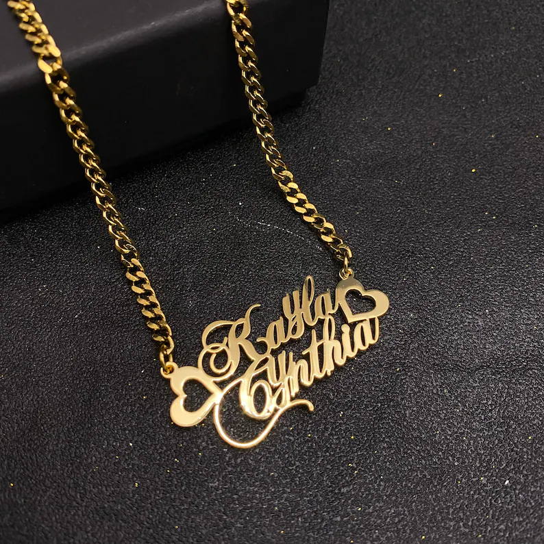 Two Hearts Nameplate Personalized Custom Gold Plated Two Name Necklace