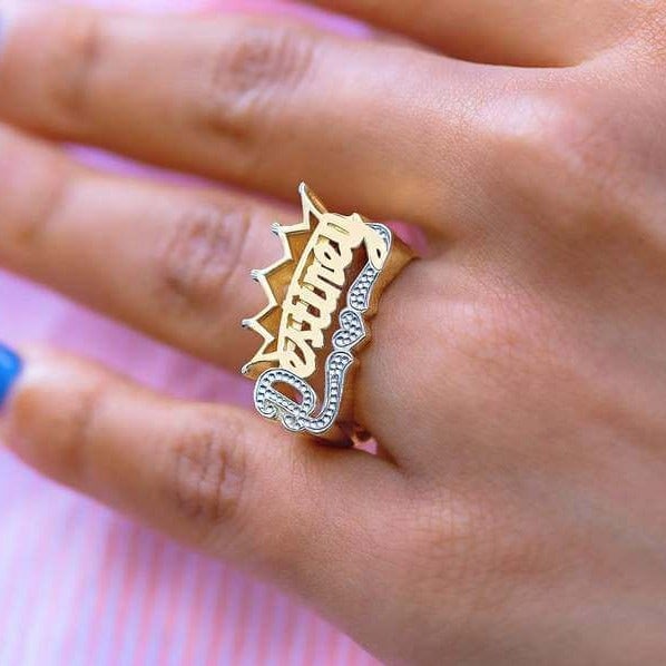 Crown Heart Two Tone Personalized Custom Gold Plated Name Ring-silviax