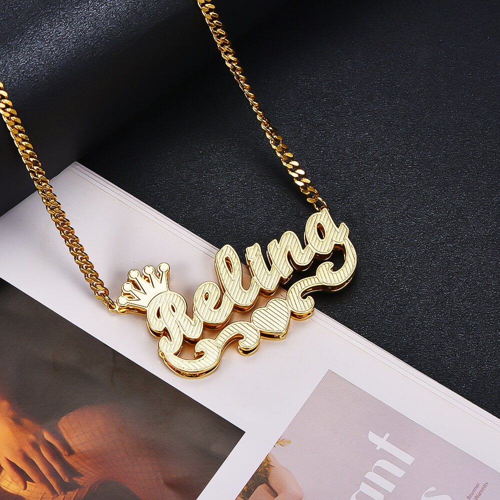 Double Layer Crown Heart Personalized Custom Gold Plated Name Necklace-silviax