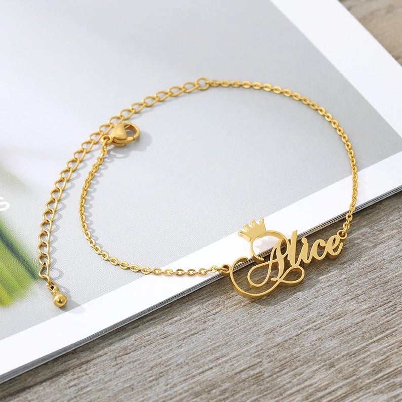 Crown Personalized Custom Gold Plated Name Anklet-silviax