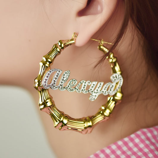 Gold Plated Personalized Two Tone Bamboo Hoop Name Earrings-silviax