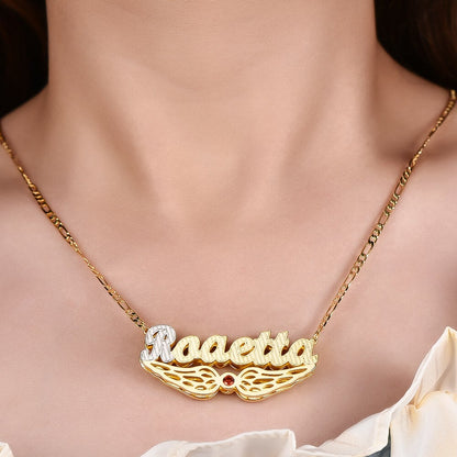 Angel Wings Double Layer Two Tone with Birthstone Personalized Custom Gold Plated Name Necklace