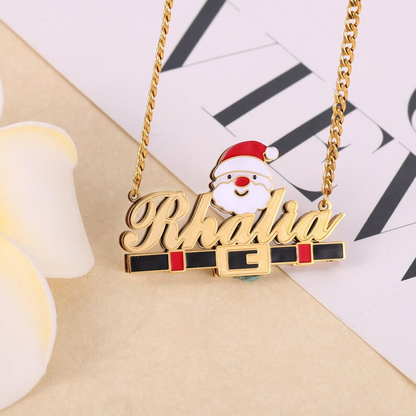 Christmas Father  Gold Plated Nameplate Santa Double Layer Personalized Custom Name Necklace-silviax