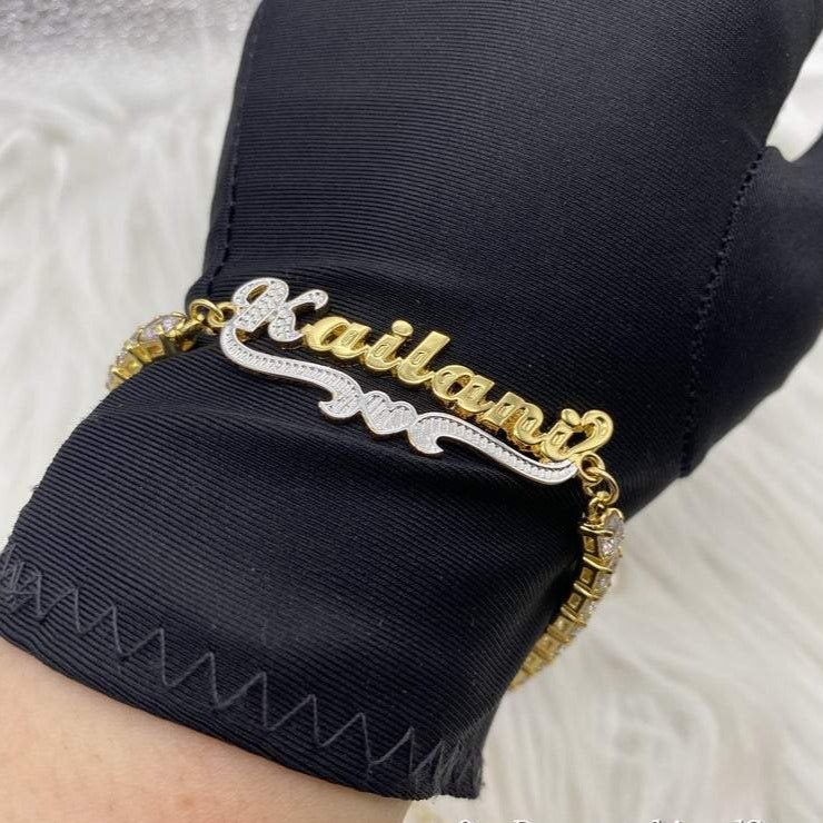 Tennis Chain Double Layer Two-tone Heart Personalized Custom Gold Plated Name Bracelet-silviax