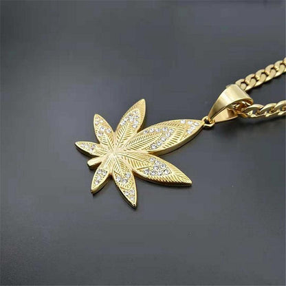 Hemp Leaf Pendant Necklace with Rhinestones Gold Plated Jewelry Gift for Men Dad