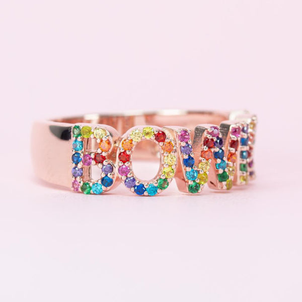 Rainbow Cubic Zirconia Paved Personalized Gold Plated Name Ring-silviax