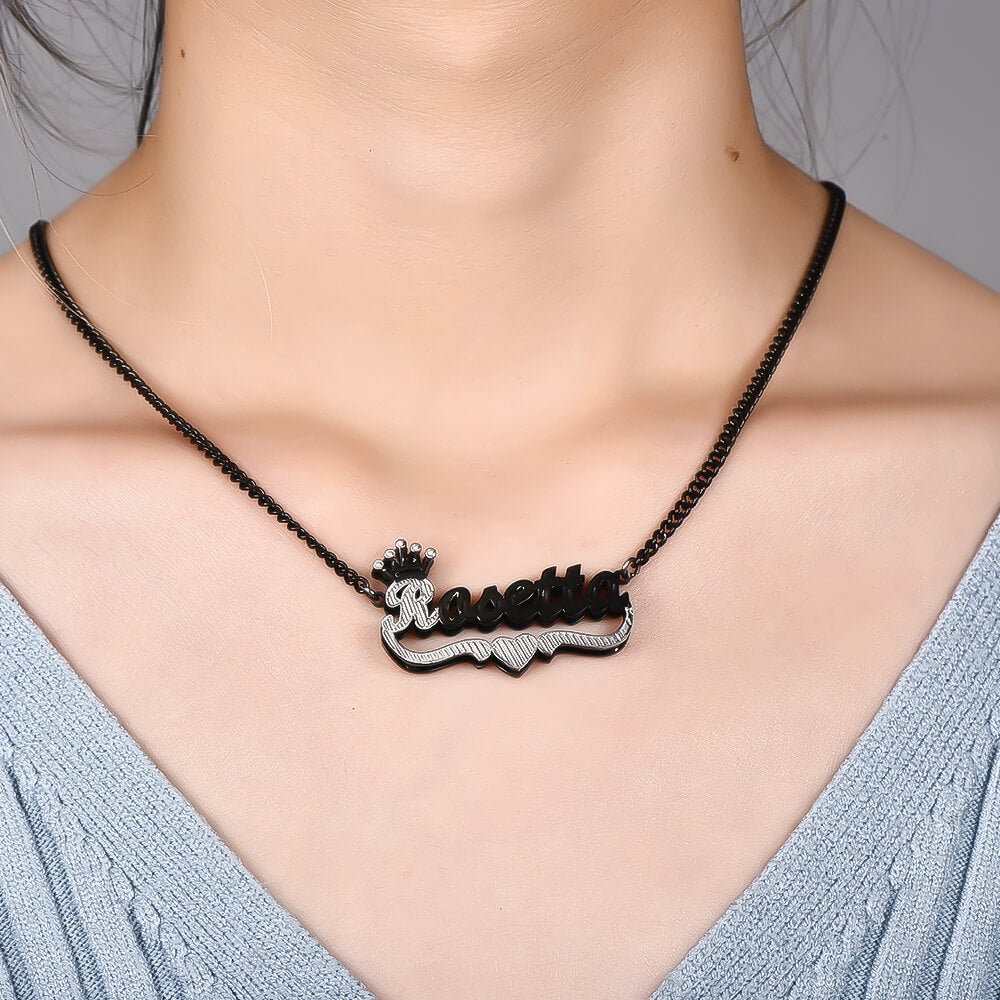 Double Layer Two Tone With Crown And Heart Black Nameplate Personalized Custom Name Necklace